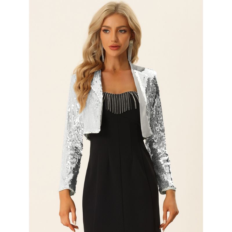 Allegra K Women's Velvet Notched Lapel Long Sleeve Sparkly Cropped Sequin Open Front Jacket, 4 of 7