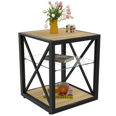 1 piece Modern End Table Nightstand for Bedroom & Living Room, Tempered Glass& Rustic Wood Grain MDF, Industrial Style Side Table