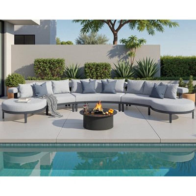 AMERLIFE 10 Seats Aluminum Patio Furniture Set, Outdoor Sectional Sofa with 6" Cushions, Modular Curved Conversation Set