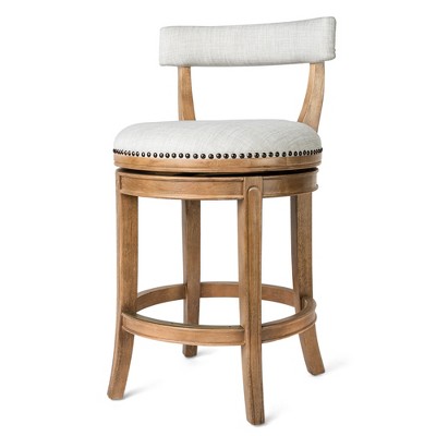 HomeRoots 26" Sand and Natural Fabric and Solid Wood Low Back Counter Height Swivel Bar Chair