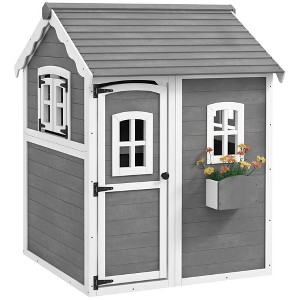 Outsunny Playhouse for Kids, Outdoor Wooden Playhouse with Floor, Door, Windows & Planter Box for 3-8 Years Old, Backyard, Lawn, Garden, Gray - 1 of 4