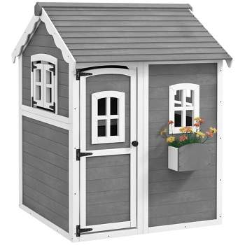 Outsunny Playhouse for Kids, Outdoor Wooden Playhouse with Floor, Door, Windows & Planter Box for 3-8 Years Old, Backyard, Lawn, Garden, Gray