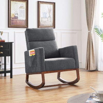 Gray Upholstered Rocking Chair with Rubber Wood Legs and Side Pockets
