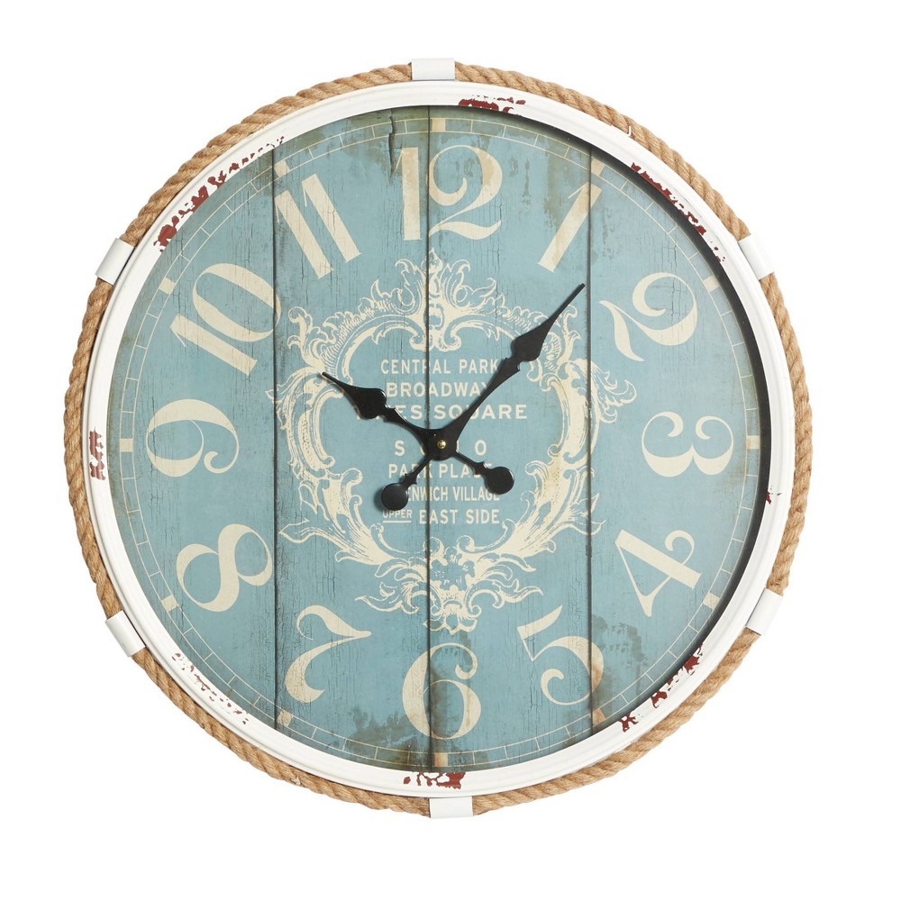Photos - Wall Clock 25"x25" Metal  with Rope Accents Blue - Olivia & May