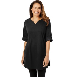 Woman Within Women's Plus Size Perfect Roll-Tab-Sleeve Notch-Neck Tunic - 1 of 4
