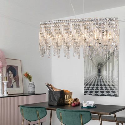 DOMETOUR Silver Oval Crystal Chandelier, Modern Ceiling Light with Hanging Crystals for Dining Room, Living Room, Foyer (Bulbs Not Included)