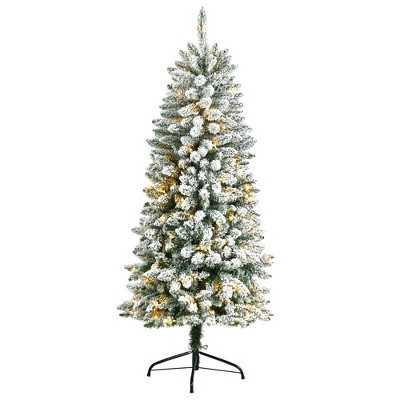Nearly Natural 5-ft Slim Flocked Montreal Fir Christmas Tree with 150 Warm White LED Lights and 491 Bendable Branches