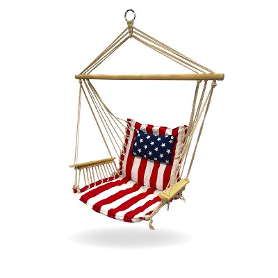 Hanging Hammock Chair with Wooden Arms - Red/White/Blue - Backyard Expressions