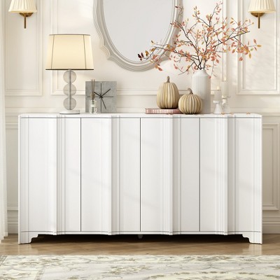 4-Door Sideboard with Layered Linear Design, Premium Pine Veneer, Triangular Legs & Middle Support, Stylish Storage for Living Room