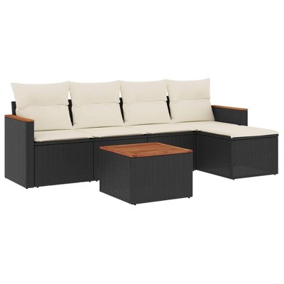 vidaXL 6 Piece Patio Sofa Set with Cushions Poly Rattan - Black and Cream With Table
