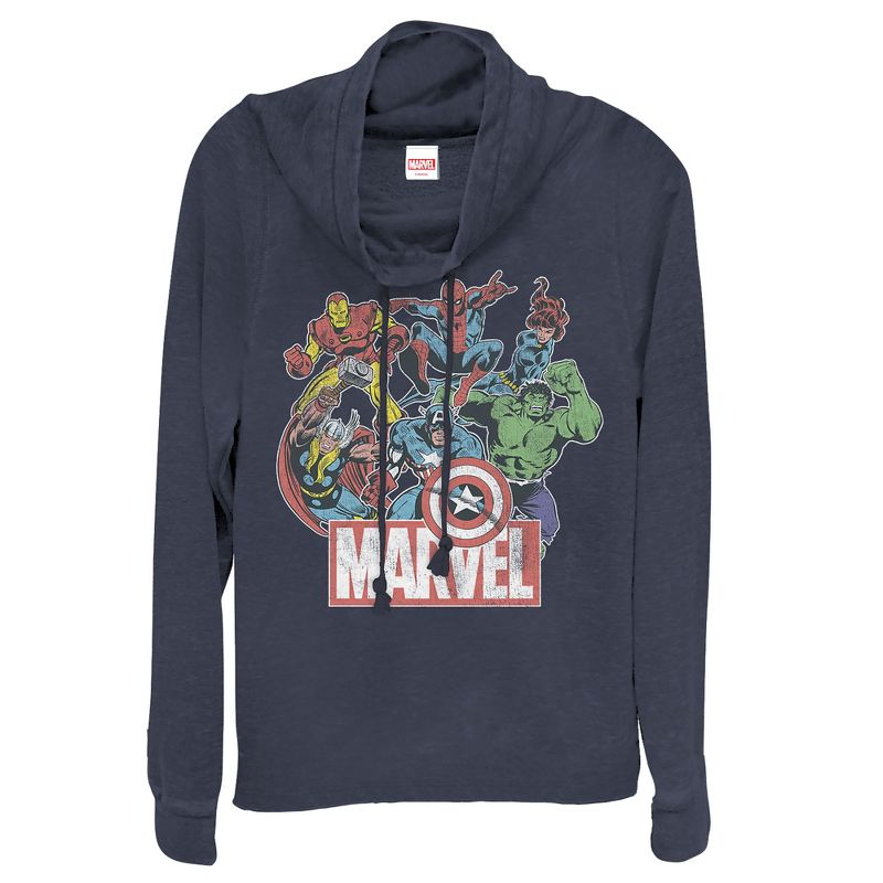Juniors Womens Marvel Classic Hero Collage Cowl Neck Sweatshirt, 1 of 4