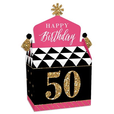 Big Dot of Happiness Chic 50th Birthday - Pink, Black and Gold - Treat Box Party Favors - Birthday Party Goodie Gable Boxes - Set of 12