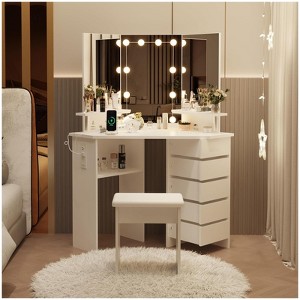 Corner Vanity Desk with Mirror and Lights, 3 Color Lighting Makeup Vanity with Power Outlet, 5 Rotating Drawers, Stool & Open Shelves - 1 of 4