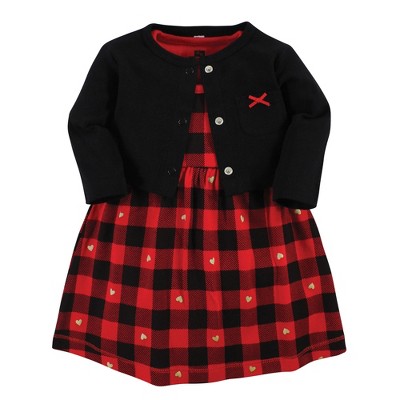 Hudson Baby Baby Girls Cotton Dress and Cardigan Set, Gold Heart Buffalo Plaid