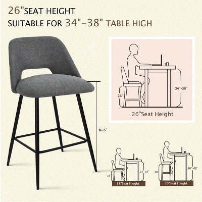 Dark Gray Upholstered Counter Height Stools with Black Metal Frame, Set of 2