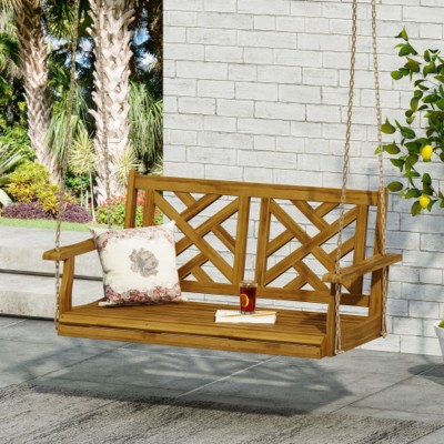Modern Twin Size Porch Swing Bed with Slatted Seat and Back, Natural Wood Hanging Daybed for Patio, Garden or Backyard-Maison Boucle
