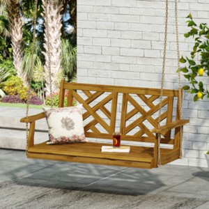 Modern Twin Size Porch Swing Bed with Slatted Seat and Back, Natural Wood Hanging Daybed for Patio, Garden or Backyard-Maison Boucle - 1 of 4