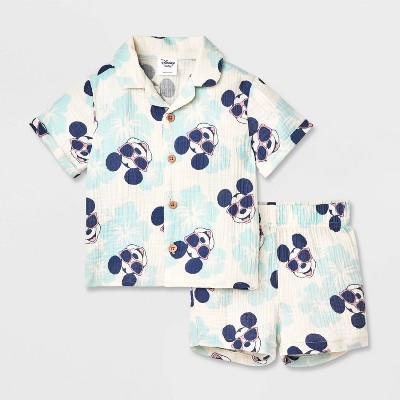 Baby Boys' 2pc Disney Mickey Mouse Woven Gauze Button-Up Top & Shorts Set - Blue