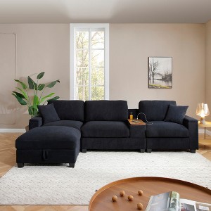 GDFStudio Rei Modern 120.3" 5-Seater L-Shaped Linen Upholstery Sectional Sofa with 360° Swivel Tray and Storage Ottoman - 1 of 4