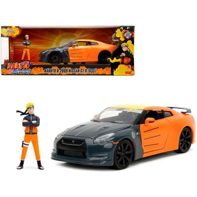 2009 Nissan GT-R (R35) Orange & Dark Gray w/Yellow & Graphics & Figure Naruto Shippuden 2009-2017 1/24 Diecast Model Car by Jada