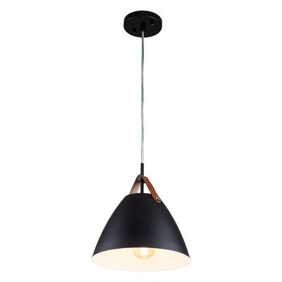 C Cattleya 1-Light Black Outer Whiter Inner Dome Pendent with Leather Strap
