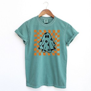 Simply Sage Market Women's Checkered Flower Ghost Short Sleeve Garment Dyed Tee - 1 of 2
