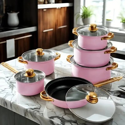 LunaLulinlk pink 12 Piece Stainless Steel Cookware Set, Assorted Colors Non-Stick Cookware Set