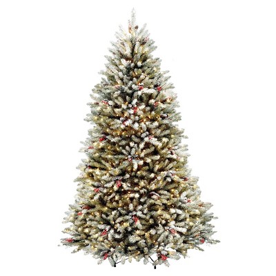 7.5ft National Tree Company Pre-Lit Dunhill Fir Hinged Full Artificial Tree with Snow, Red Berries, Cones & 750 Clear Lights