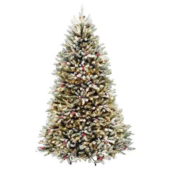 National Tree Company 7.5' Pre-Lit Dunhill Fir Hinged Full Artificial Tree with Snow, Red Berries, Cones & 750 Clear Lights