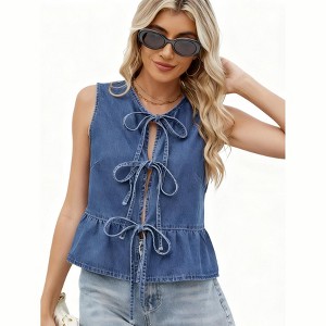 Women's Denim Sleeveless Casual Vest Open Front Tie Front Cute Jean Vest Top - 1 of 4