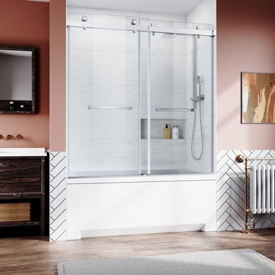 Frameless Shower Sliding Double Swing Door, 56"-60" Width, 62" Height, 3/8" Tempered Glass, Heavy-duty Stainless Steel Hardwares