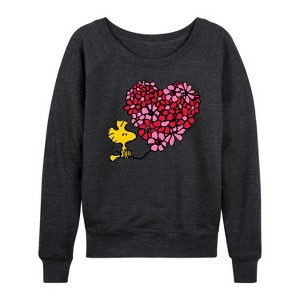 Women's - Peanuts - Woodstock Floral Heart Lightweight French Terry Wide Neck Long Sleeve Shirt - 1 of 4