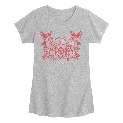 Girls' - Instant Message - Bird Bow Flower -Youth Girls Short Sleeve T-Shirt Fitted Short Sleeve Graphic T-Shirt