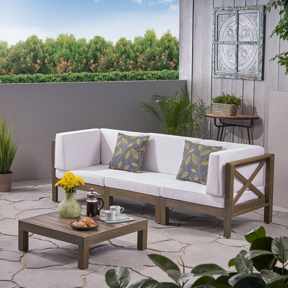 Photos - Garden Furniture Brava 4pc Acacia Modular Sofa and Table Set - Gray/White - Christopher Kni