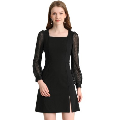 Allegra K Women's Square Neck Split Side Semi-Sheer Puff Sleeve Mini A-Line Dress