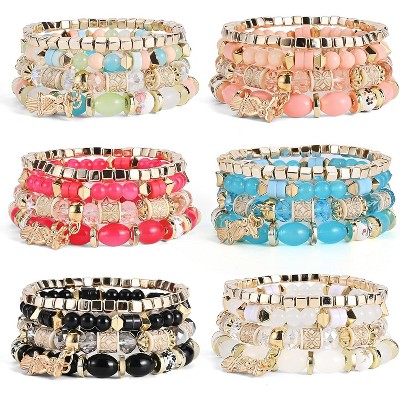6 Sets Bohemian Stackable Stretch Bracelets Multi-color Boho Jewelry for Women with Various Charms