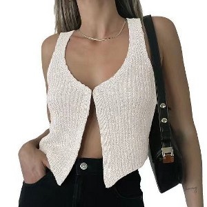Women's  Deep V Neck Sleeveless Tank Top Sexy Button up Exquisite Knit Vest  Crochet Sweater Crop - 1 of 2