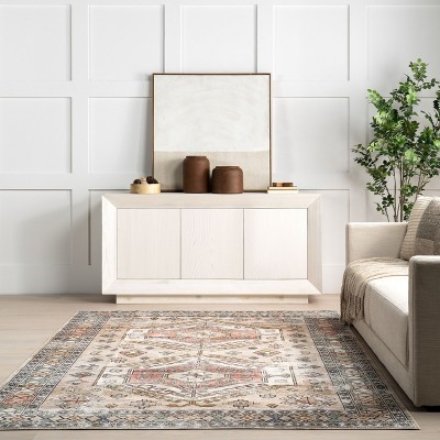 Peach Tribal Motif Easy-Care Rectangular Synthetic Rug, 2' x 3'