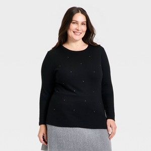 Women's Slim Fit Long Sleeve Embellished Ribbed Top - A New Day™ - 1 of 4