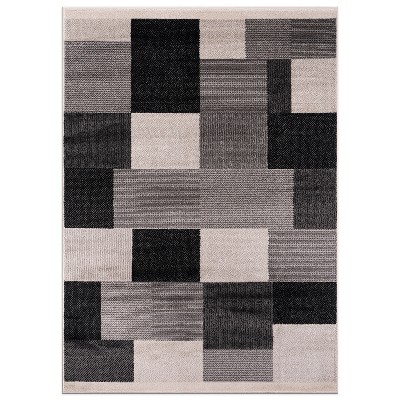 Modern Geometric Black and Gray Synthetic Rectangular Area Rug, 5' x 7'