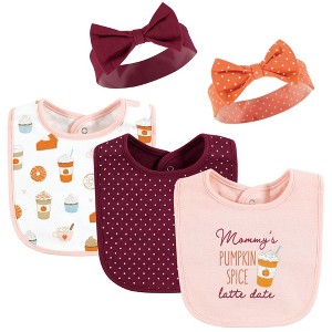 Hudson Baby Infant Girl Cotton Bib and Headband or Caps Set, Pumpkin Spice Date, One Size - 1 of 4
