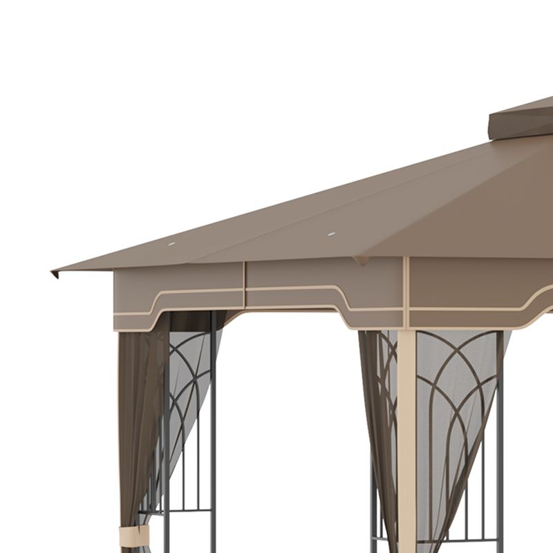 Outsunny 10' x 12' Patio Gazebo Outdoor Canopy Shelter with Double Tier Roof and Netting Sidewalls for Garden, Lawn, Backyard and Deck, Brown, 5 of 7