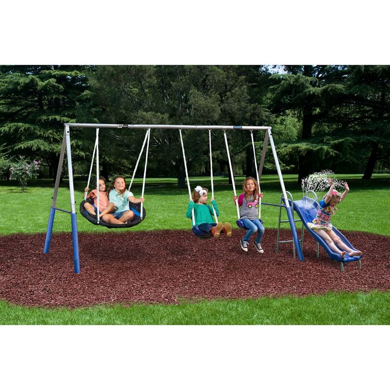 XDP Recreation Aqua Play Outdoor Park with Super Disc Swing, Water Wave Slide, Adjustable Non-Slip Swing Seat, and Padded Frame Legs, Silver/Blue, 5 of 7