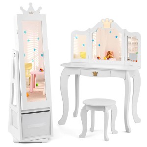 Tangkula Kids Vanity Set Princess Makeup Dressing Table & Chair Set w/ Jewelry Armoire White - 1 of 4