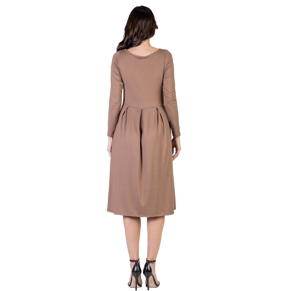 Womens Round Neck Long Sleeve Pleated Fit N Flare Pocket Midi Dress - 24seven Comfort Apparel™ - thumbnail 3