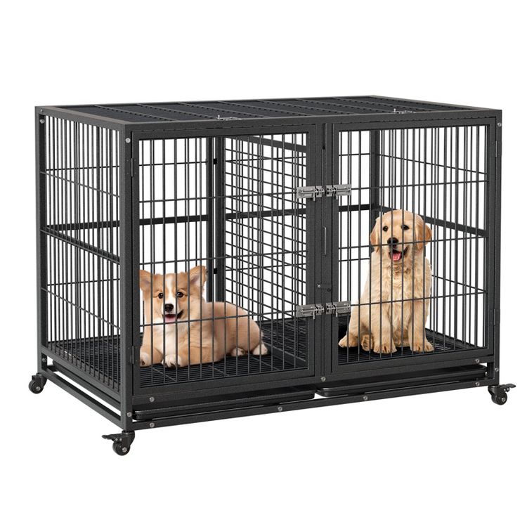 Dog Crate for Large Dogs, Chew-Resistant Dog Kennel with Double Door & Lockable Wheels, 1 of 8