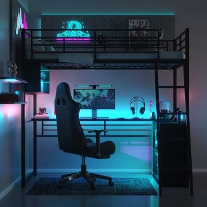 Twin Size Metal Loft Bed with LED, Desk and 4 Storage Shelves - 1 of 4