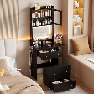 Small Vanity Desk with Mirror and Lights, Hidden Stool, Charging Station, Fold-up Panel - 1 of 4