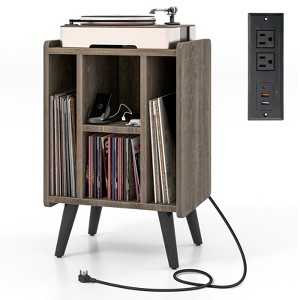 Tangkula Record Player Stand w/ Charging Station & USB Ports Side Table w/ Vinyl Storage Cabinet Album Display Shelf Turntable Grey - 1 of 4