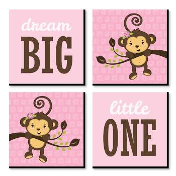 Big Dot of Happiness Pink Monkey Girl - Kids Room, Nursery Decor and Home Decor - 11 x 11 inches Nursery Wall Art - Set of 4 Prints for baby's room